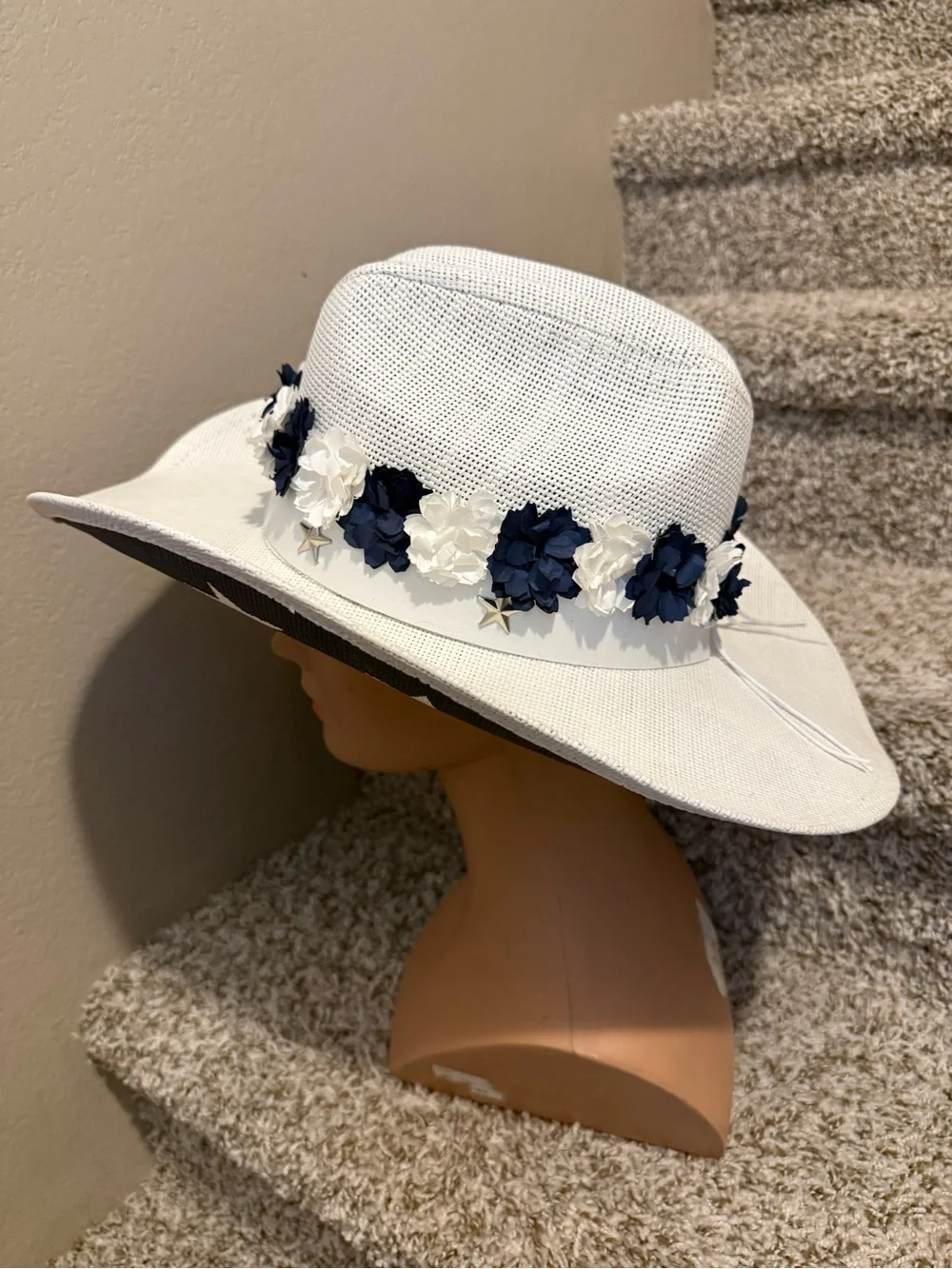 White and Navy Floral star Western Hat